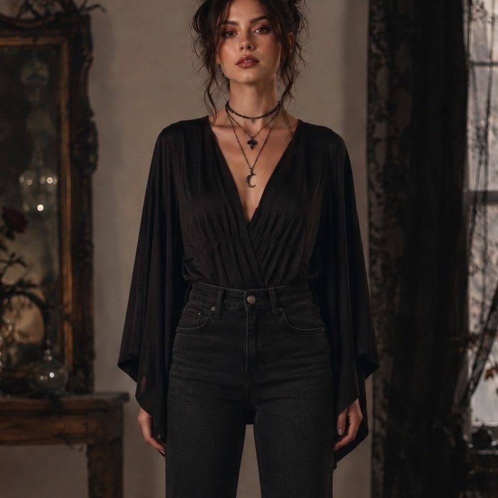 Revamped Bodysuit Black Angel Sleeve VNeck Gothic Witchy Dark Vampy Whimsigoth L
